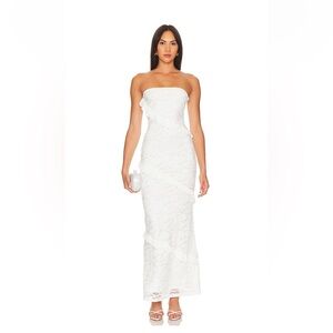 More to Come Xandra Maxi Dress Strapless White Lace Ruffle Column Gown